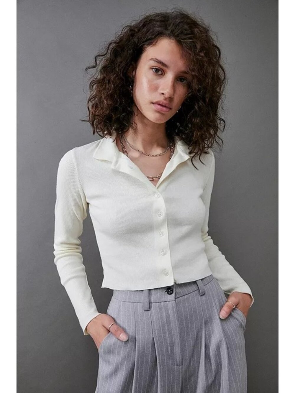 Zara CropTop Size Large Cream Knit Long-Sleeve Button Down Collared Neckline